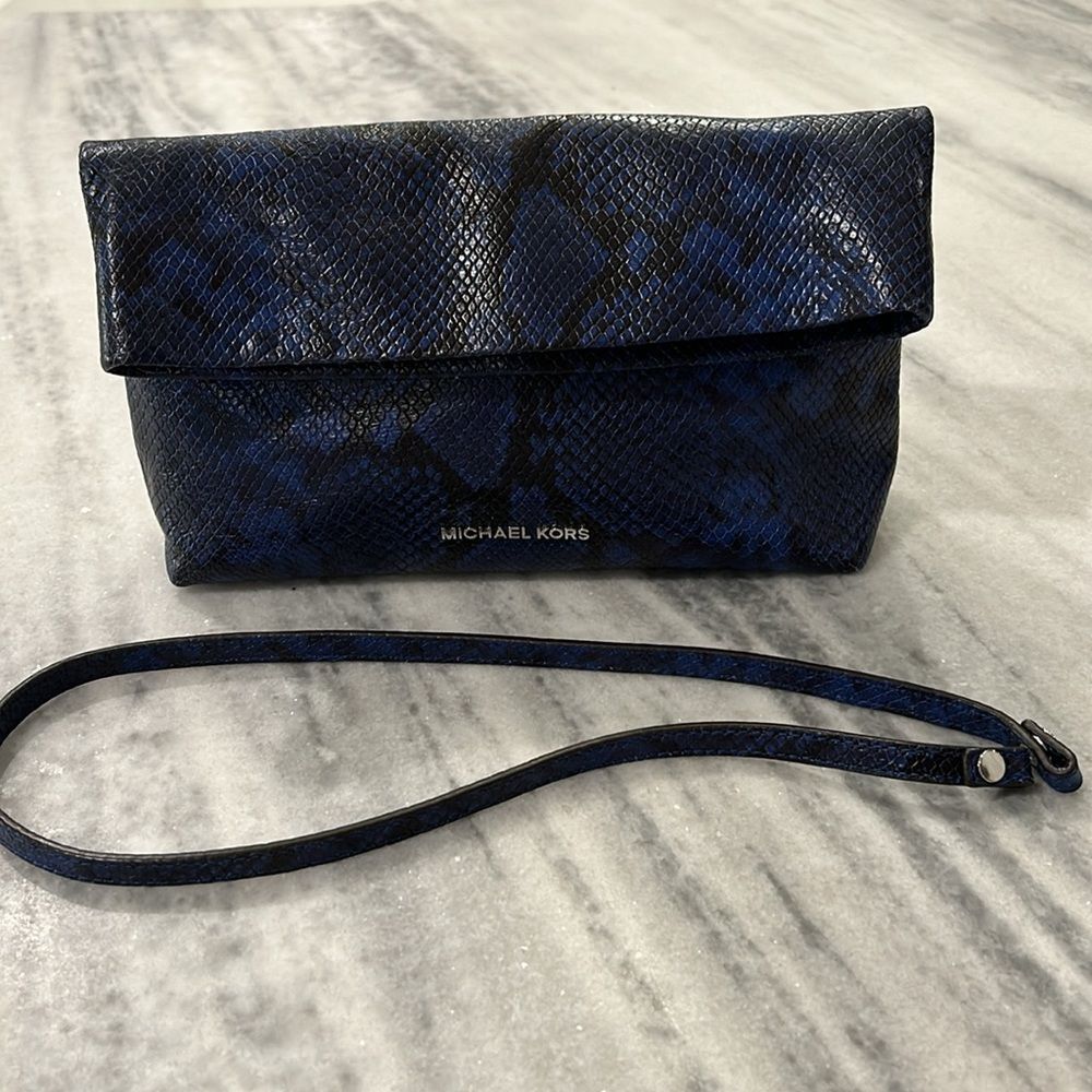 Michael Kors Daria Fold Over Embossed Leather Clutch Bag Electric Blue Snake